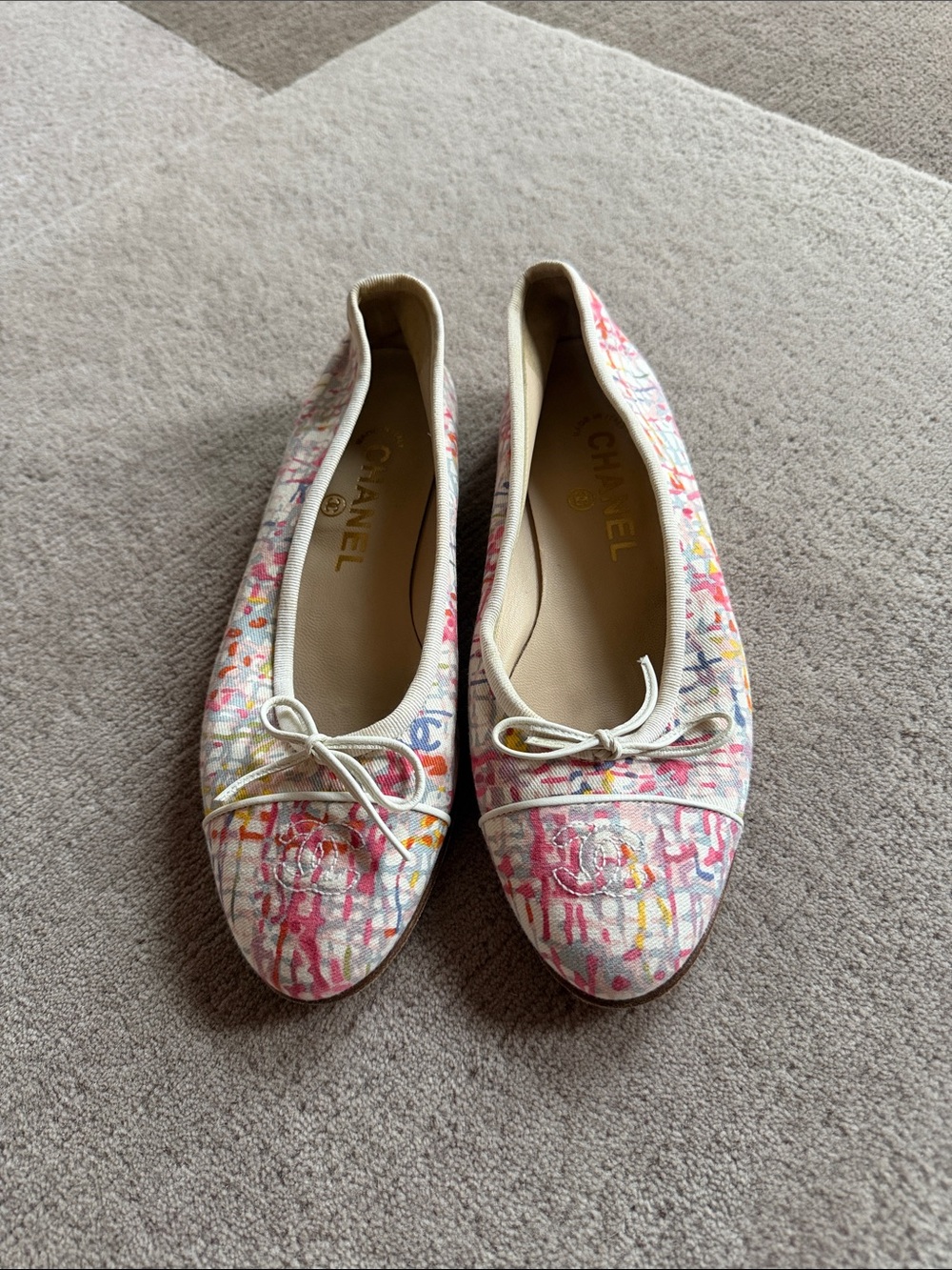 CHANEL Multicolor Denim Ballet Flats with White Trim